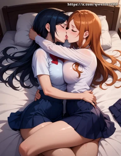 lesbian kissing bed hentai